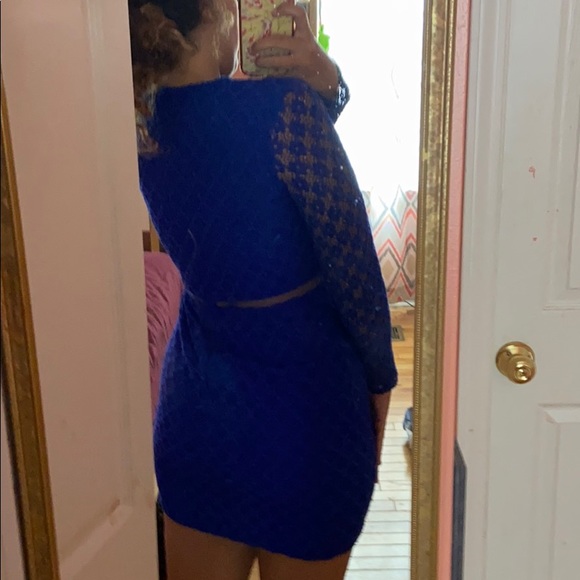 Royal Blue Formal Dress with Mesh Sleeves - Picture 6 of 6